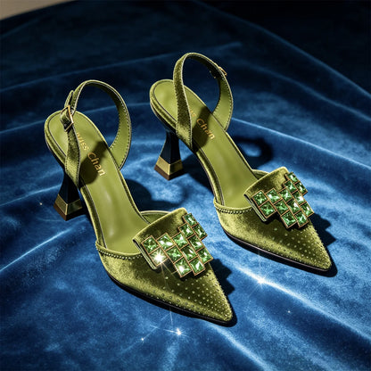 Women Green Satin Slingback High Heels Pointed Toe Emerald Crystal Rhinestone Sandals Wedding Evening Party Formal Dress Pumps