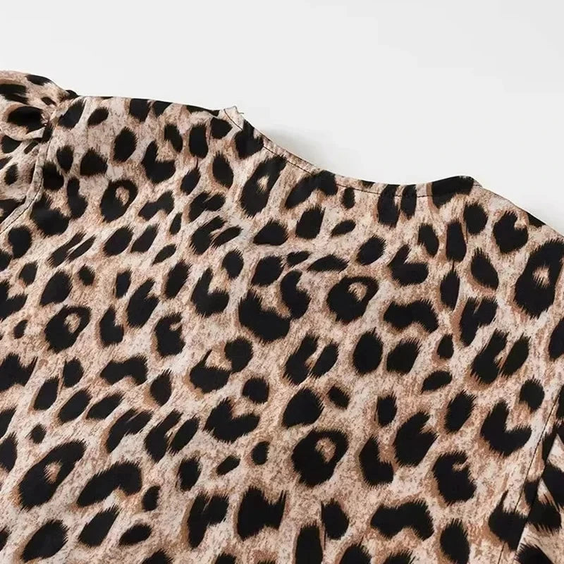 MUJER Leopard Print Crop Top Women Puff Sleeve Ruffle Blouses Woman 2025 Summer Shirts and Blouses for Women Ruched Ladies Tops