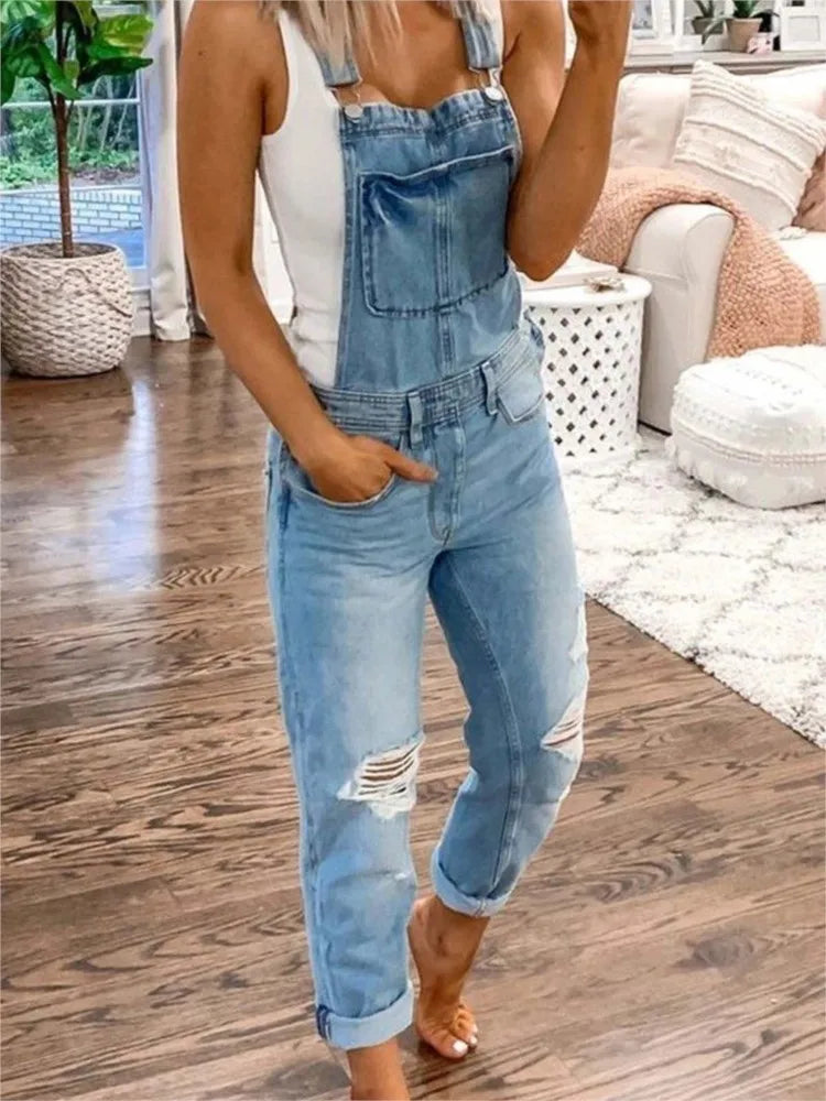 Women Sports Shoulder Straps Ripped Denim Rompers Spring Summer New Fashion Retro Slim Fit Female Versatile Casual Halter Jeans