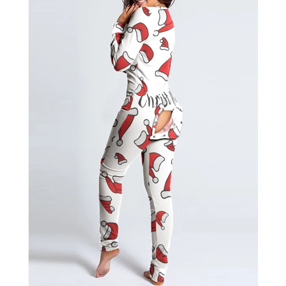 Women Christmas Onesies With Butt Flap For Adults Sexy Sleepwear Romper Open Butt Pajamas Jumpsuit 2023 Xmas Pyjama Long Nightie