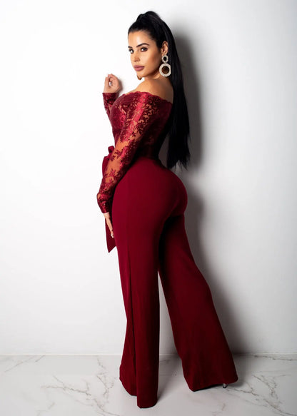 Womens Elegant Off Shoulder Long Pants Wide Leg Jumpsuits Floral Embroidery Lace See Through Cocktail Club Party Evening Rompers