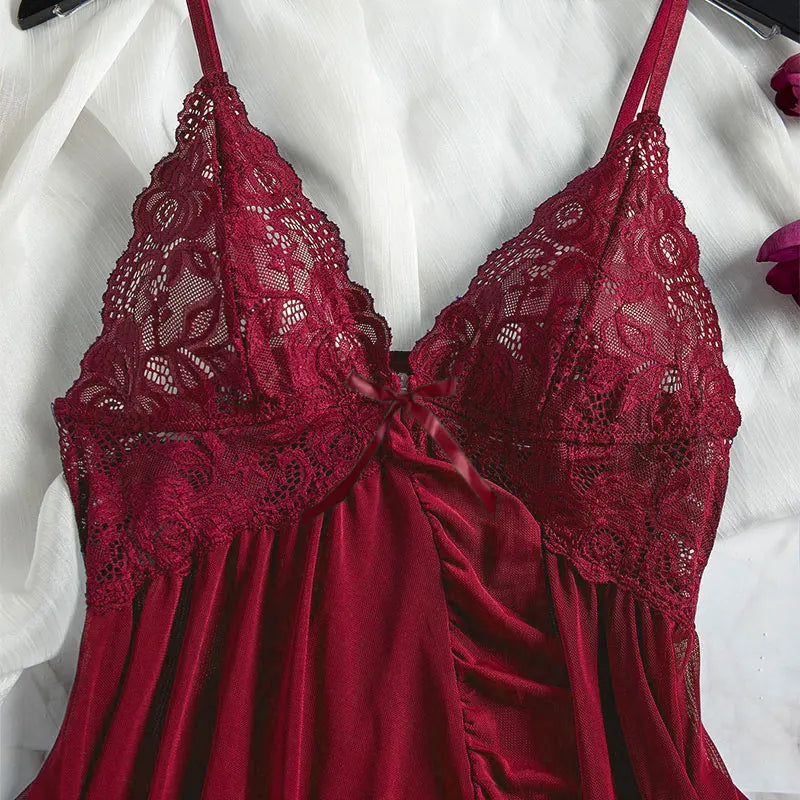 Summer Hot Sexy Sleepwear Dress Sleeveless Backless Women Lace Sheer Nightdress Solid Color Soft Pajamas Short V-neck Thong Set