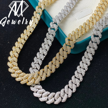 Wholesale 10mm Copper Moissanite Cuban Link Chain Iced Out Full Paved VVS Moissanite Necklace Box Clasp with Safety Latch Unisex