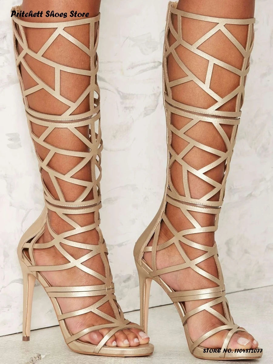 Women's Suede Gladiator Sandals Summer Street Style Hollow Out Knee-high Stilettos Round Open Toe Thin Heels Trending Shoes