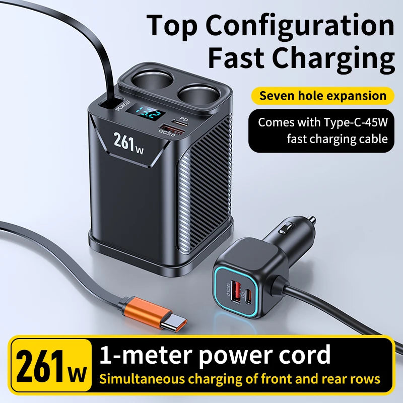 7 in 1 Cigarette Lighter Adapter Cup Holder 261W Car Charger Adapter with PD45W Charge 24V/12V Cigarette Lighter LED Voltmeter
