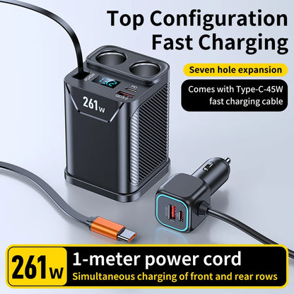 7 in 1 Cigarette Lighter Adapter Cup Holder 261W Car Charger Adapter with PD45W Charge 24V/12V Cigarette Lighter LED Voltmeter