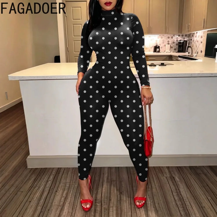 FAGADOER Sexy Women Polka Dot Bodycon Jumpsuit High Neck Long Sleeve Slim Fit One Piece Y2K Clubwear Party Outfit