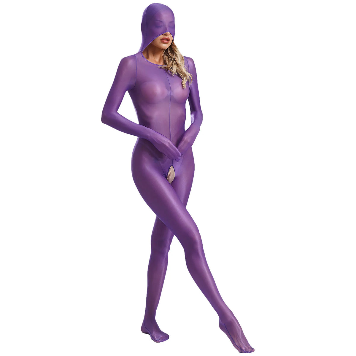 Women Glossy Full Bodystockings Covering Bodysuit with Gloves See Through Hollow Out Pouch Enhancing Bodysuit Footed Jumpsuit