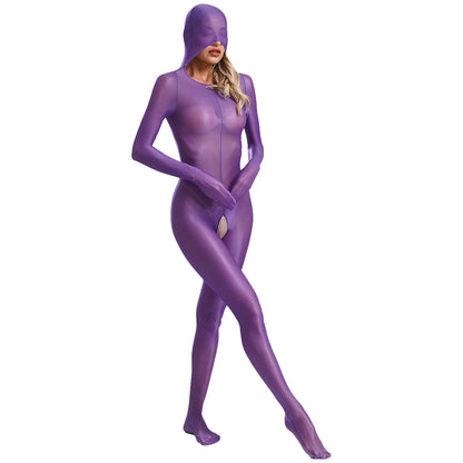 Women Glossy Full Bodystockings Covering Bodysuit with Gloves See Through Hollow Out Pouch Enhancing Bodysuit Footed Jumpsuit