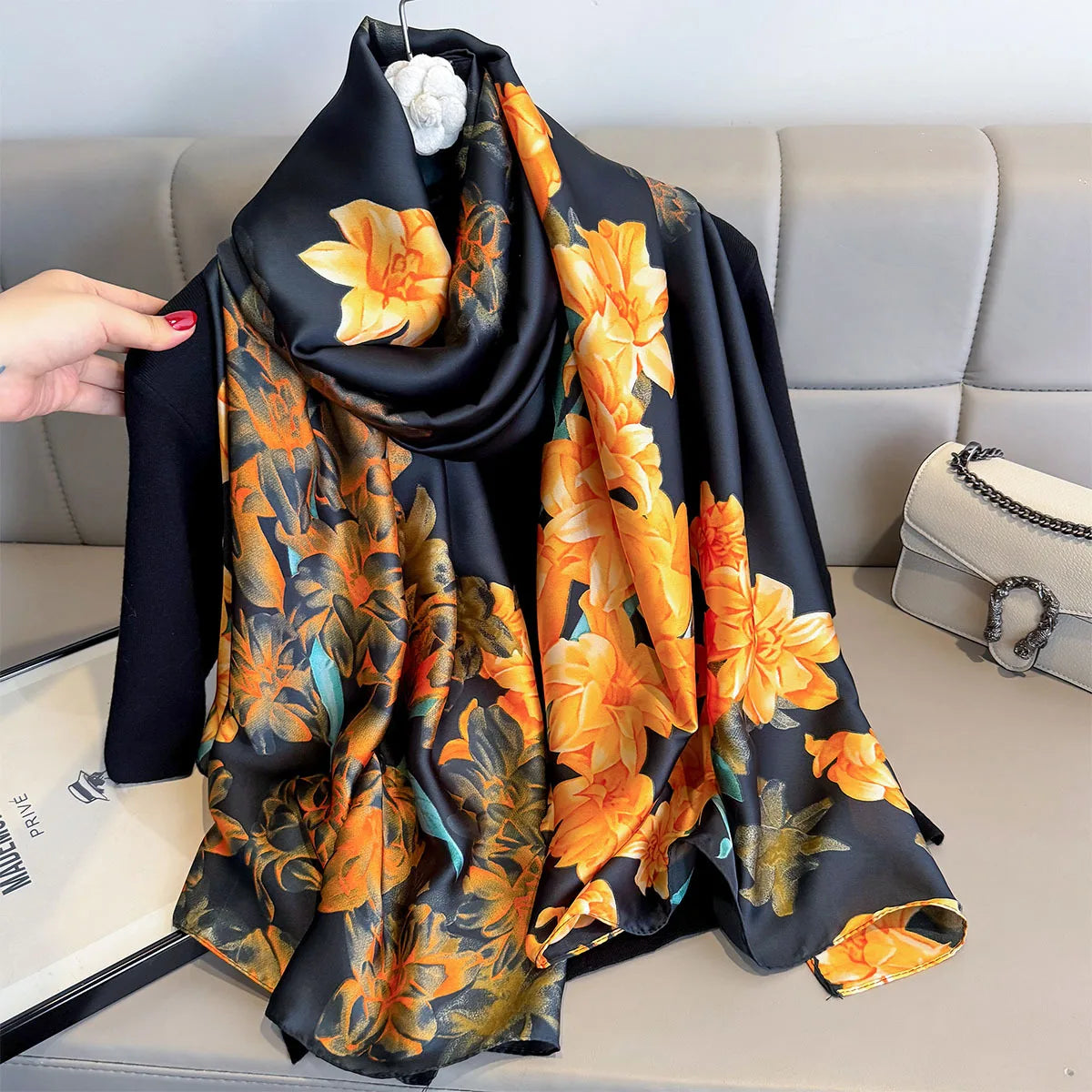 Print Large Shawl Wraps Black Scarf For Travel Women Luxury Brand Satin Headband Hijab Turban Foulard Summer Beach Stoles