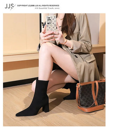 BIGTREE Shoes High Heel Boots Suede Women Ankle Boots Pointed Toe Socks Boots Thick Heel Women Shoes Warm Winter Boots Size 43
