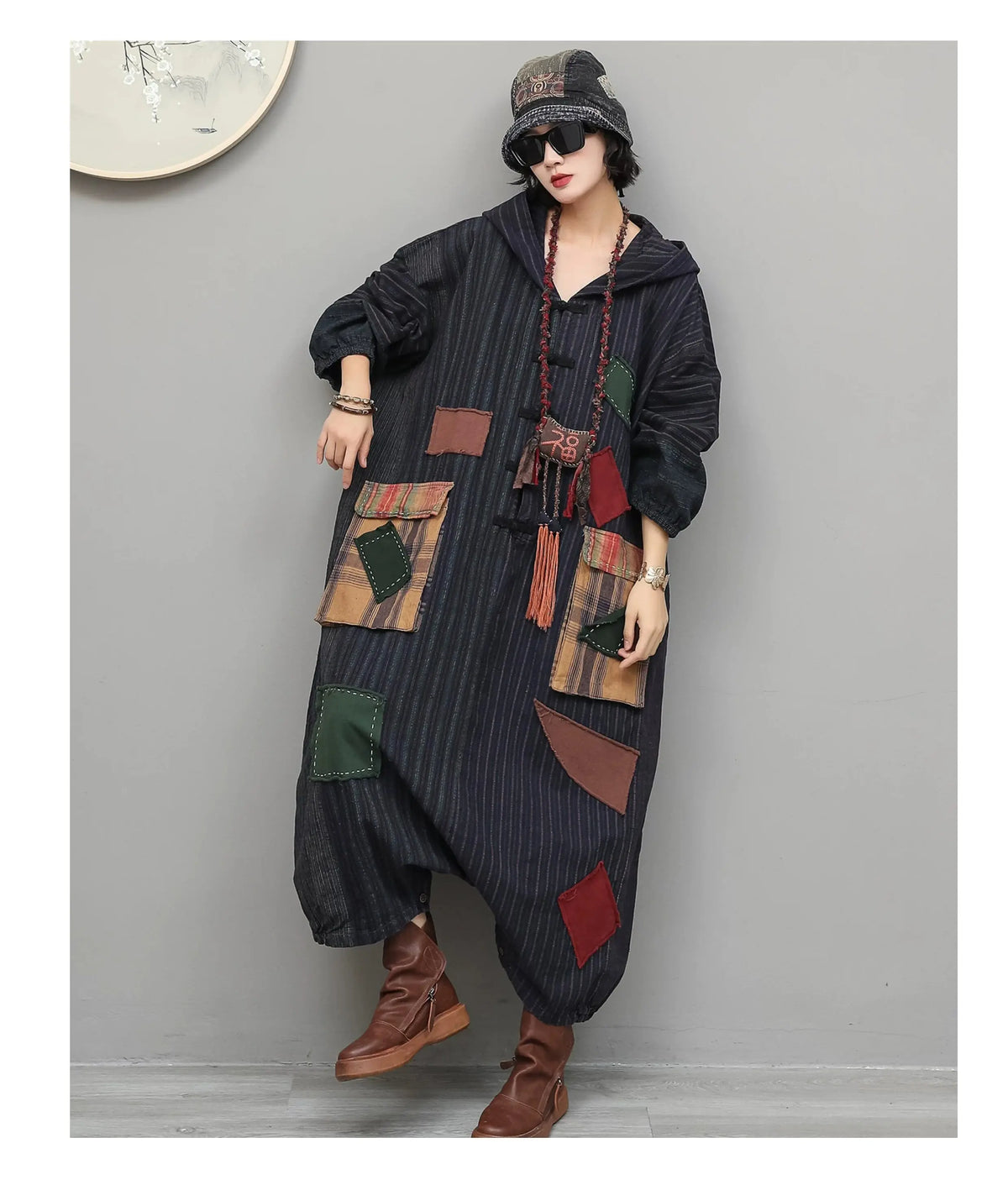 Unique Vintage-style Patchwork Jumpsuit Women Autumn Loose Hooded Long Sleeves Overalls LX6788