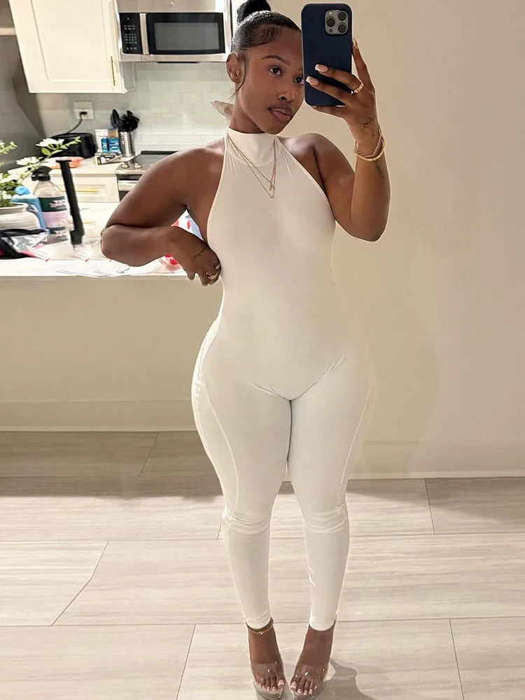 Kliou Sexy Backless Jumpsuits Woman Bandage Halter Turtleneck Sleeveless Skinny Peach Hip Hot Girls High Street Fashion Overalls