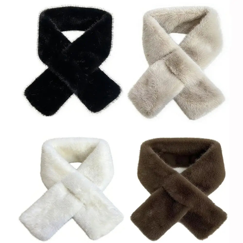 Winter Warm Faux Mink Fur Cross Scarf Solid Color Soft Neckerchief Wrap Thickened Neck Warmer Collar Scarf Autumn Winter