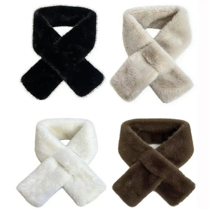 Winter Warm Faux Mink Fur Cross Scarf Solid Color Soft Neckerchief Wrap Thickened Neck Warmer Collar Scarf Autumn Winter