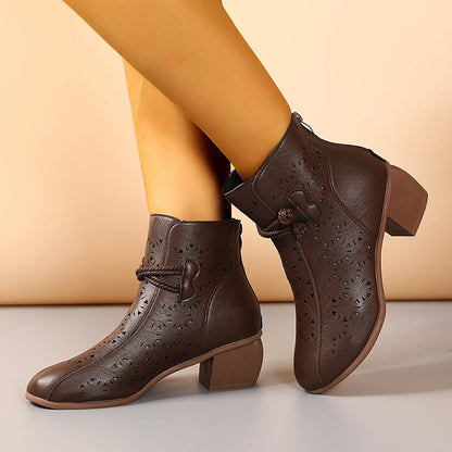 2025 Summer New Women's Fashion Hollow-Out Soft Sole Mid-Heel Ankle Boots, Retro Breathable Comfortable Shoes