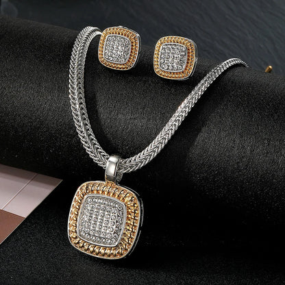 Zircon Necklace Set Geometric Square Shape Pendant Earrings Copper Plated 18K Gold Jewelry Set