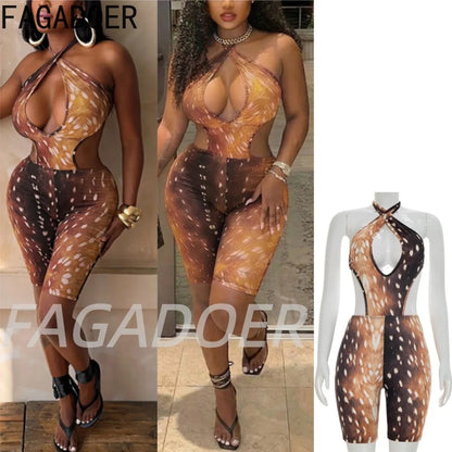 FAGADOER Deer Print Sexy Hollow Out Romper Hot Girl Bandage Halter Shorts Backless Bodycon Jumpsuits New Trendy Streetwear