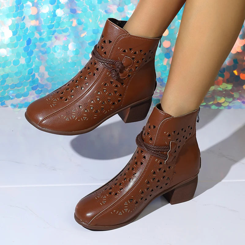 2025 Summer New Women's Fashion Hollow-Out Soft Sole Mid-Heel Ankle Boots, Retro Breathable Comfortable Shoes