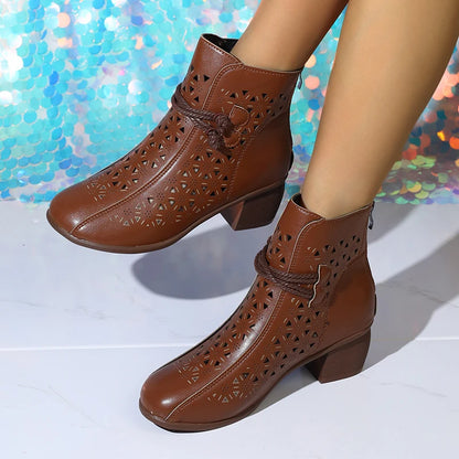 2025 Summer New Women's Fashion Hollow-Out Soft Sole Mid-Heel Ankle Boots, Retro Breathable Comfortable Shoes