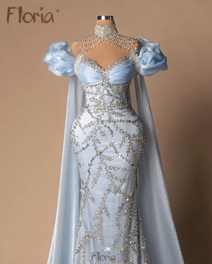 Off Shoulder With Long Cloak Prom Dress Light Blue Women Wedding Occasion Dress Heavy Silver Stone Glitter Party Gown Customized