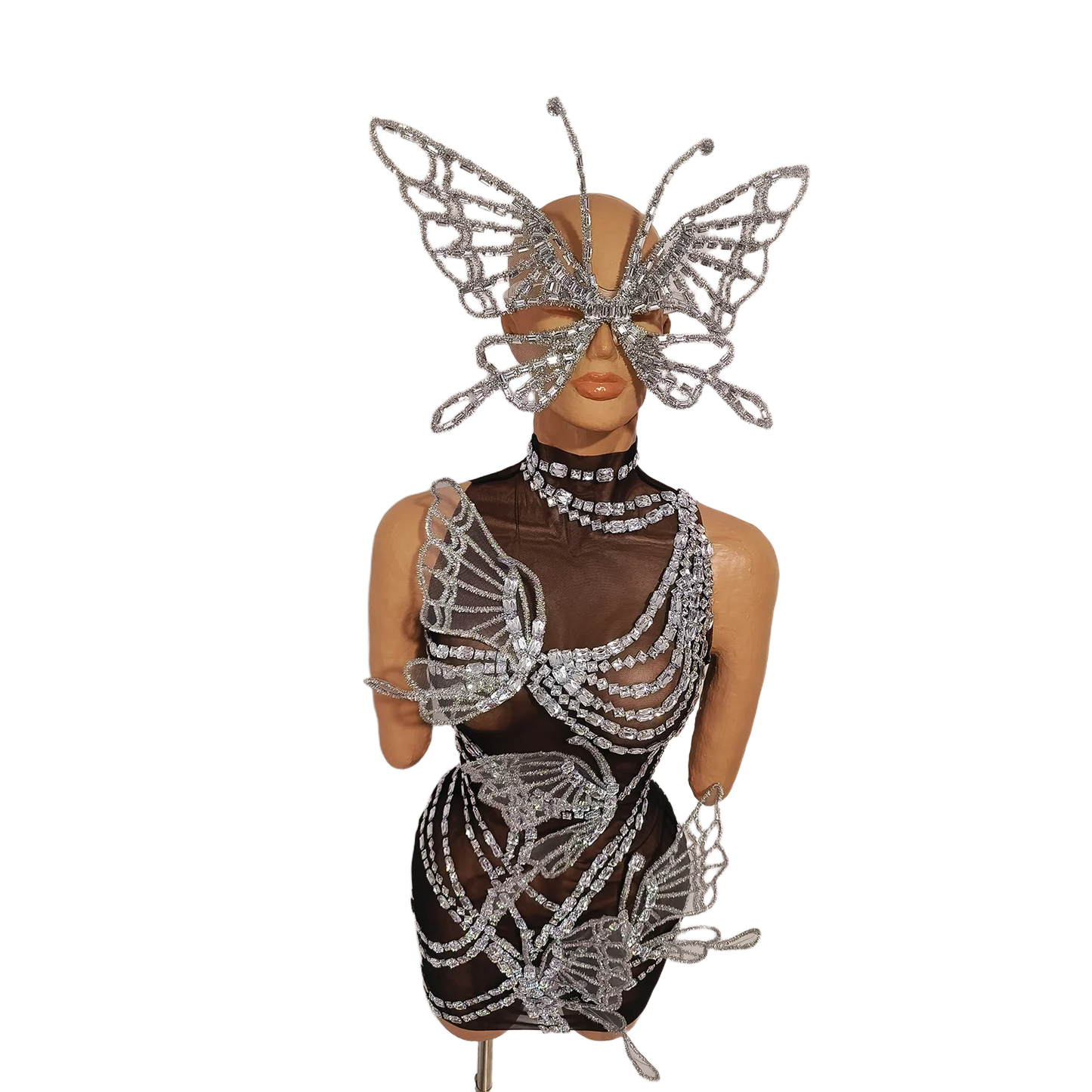 Sexy Shiny Silver Crystal Jumpsuit Transparent Mesh 3D Butterfly Rhinestone Wings Jumpsuit Birthday Party Performance Costume