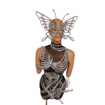 Sexy Shiny Silver Crystal Jumpsuit Transparent Mesh 3D Butterfly Rhinestone Wings Jumpsuit Birthday Party Performance Costume