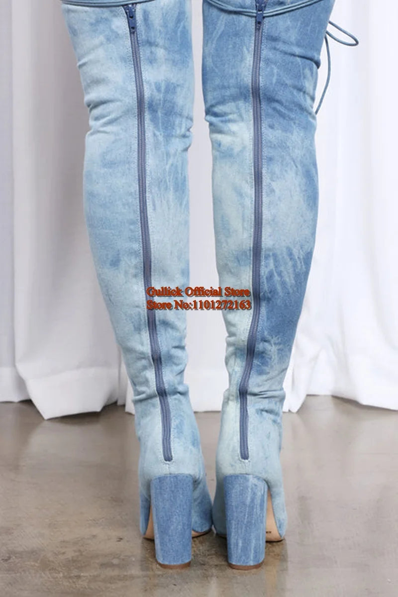 Blue Denim Peep toe Thigh High Boots Bandage Tie Jeans Over The Knee Boots Thin Heels Hollow Women Runway Dress Shoes Size10