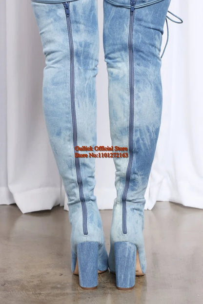 Blue Denim Peep toe Thigh High Boots Bandage Tie Jeans Over The Knee Boots Thin Heels Hollow Women Runway Dress Shoes Size10