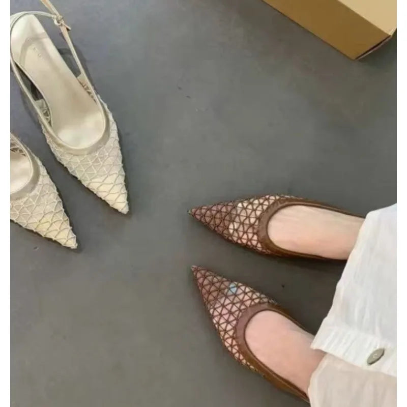 Luxury Brand High Heels Women Sandals Mesh Embroider Elegant Pointed Ladies Slingback Party Wedding Bridal Dress Shoes Woman