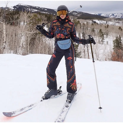 Floral Print One Piece Ski Suit Fashion Hooded Waterproof Thermal Snowboard Jumpsuit 2026 Winter Outdoor Windproof Snow Outfit