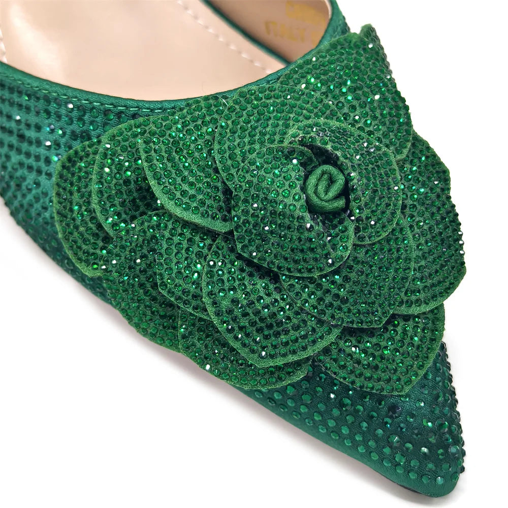 Italian Design Evening Shoes And Bags Paired With Handmade Petal Gold Colour Pointed Toe Mid-Heel Shoes For Women Party Shoes