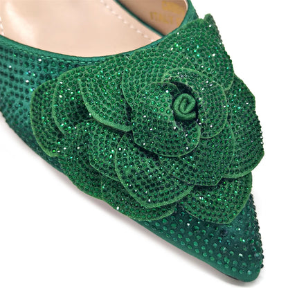 Italian Design Evening Shoes And Bags Paired With Handmade Petal Gold Colour Pointed Toe Mid-Heel Shoes For Women Party Shoes