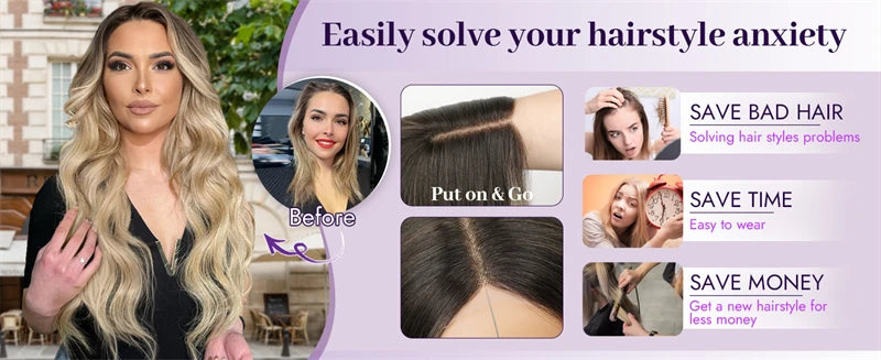 Blonde Balayage Lace Front Wig Free Part HD Lace Wig Realistic Look Dark Brown Roots Natural Wavy Synthetic Heat Resistant Fiber
