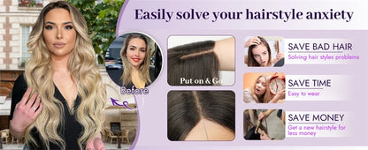 Blonde Balayage Lace Front Wig Free Part HD Lace Wig Realistic Look Dark Brown Roots Natural Wavy Synthetic Heat Resistant Fiber