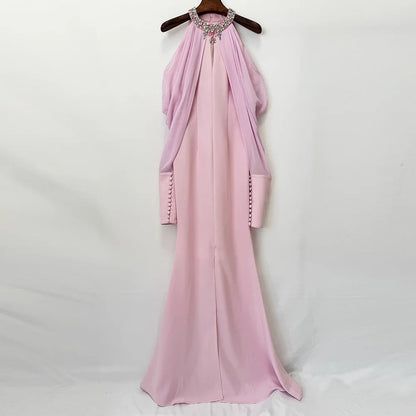 Fashionable wedding socialite long dress, evening gown, women's dress, celebrity studded diamond long sleeve party dress