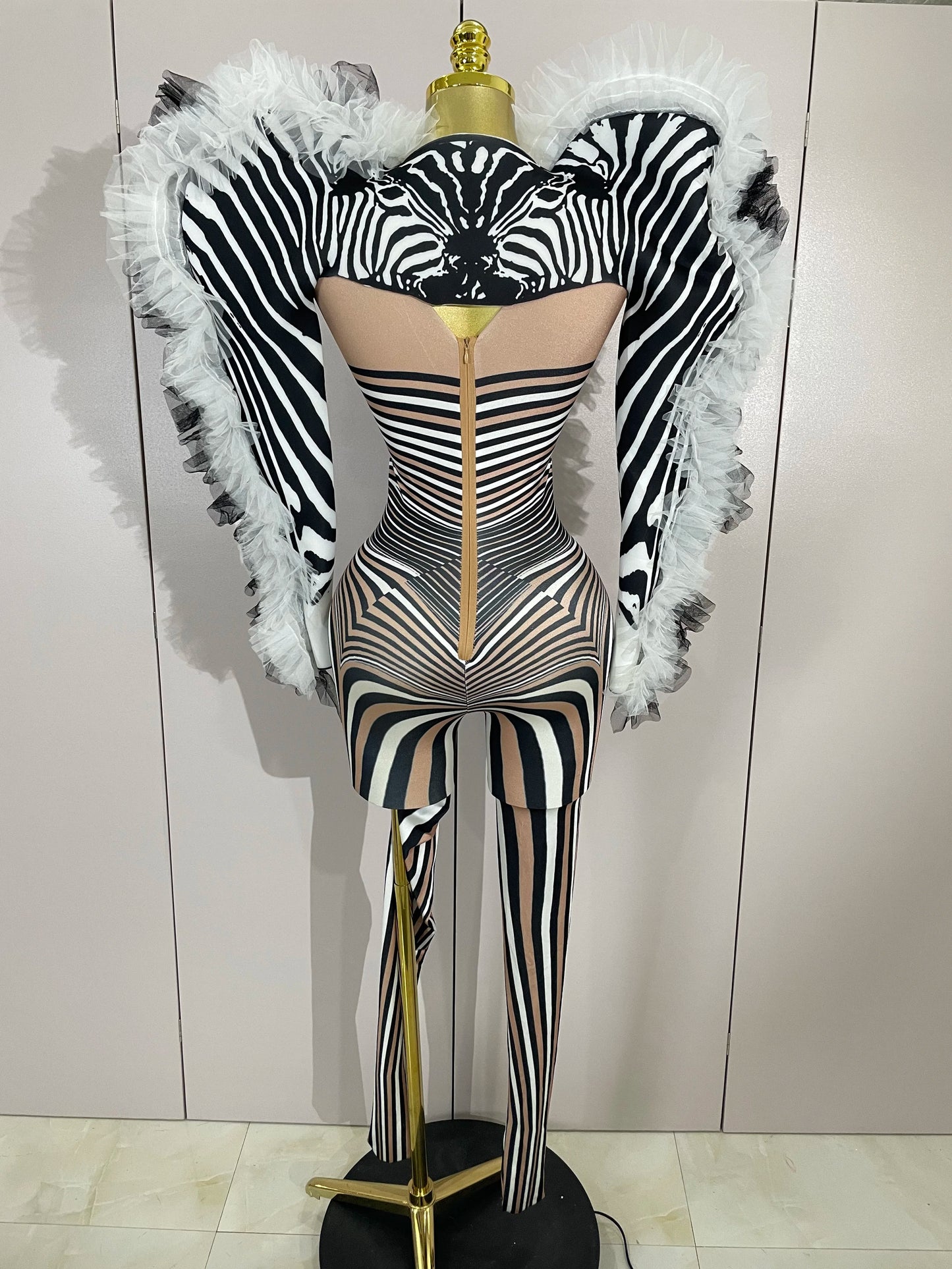Women Zebra Stripes Long Sleeve Bodycon Jumpsuit Two Piece Set Birthday Party Nightclub Stage Performance Festival Rompers