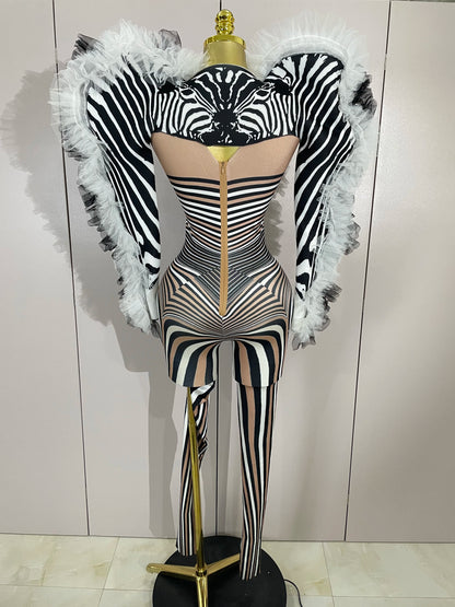 Women Zebra Stripes Long Sleeve Bodycon Jumpsuit Two Piece Set Birthday Party Nightclub Stage Performance Festival Rompers