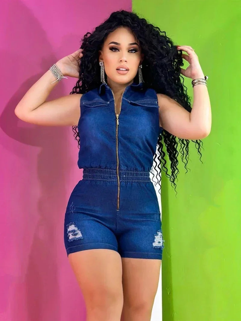 Streetwear Jeans Shorts Jumpsuit Summer Clothes Women 2024 Sleeveless Bodycon Denim Rompers Playsuits One Pieces Overalls Outfit