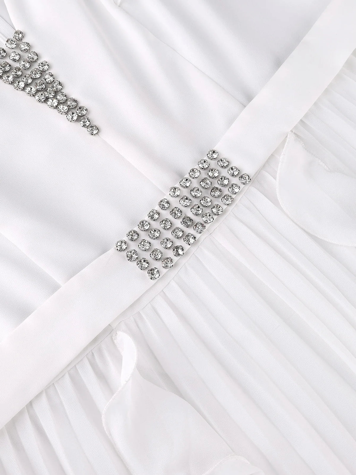Plus Size Women V-neck Ruffle Jumpsuit White Ruffle Chiffon Wide-leg Rhinestone Belt Pleated Summer Elegant Casual Party Outfit