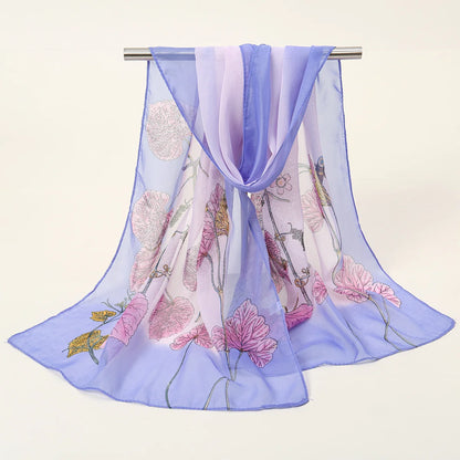 Summer Floral Printed Scarf Elegant Lightweight Chiffon Silk Shawls Travel Beach Sunscreen Towel Fashion Headband Turban