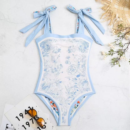 Women's Retro Double Sided Print Sweetheart Neck Tie Back Sleeveless One Piece Swimsuit Tankini Tankinis Dames Tankini Woman