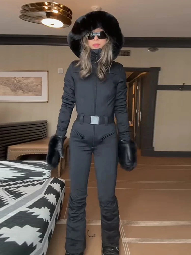 Casual Solid Ski Hoodie Jumpsuits Women Street Full Sleeve Closed Waist Slim Warm Belt Suits Female 2026 Fashion Snow Lady Suit