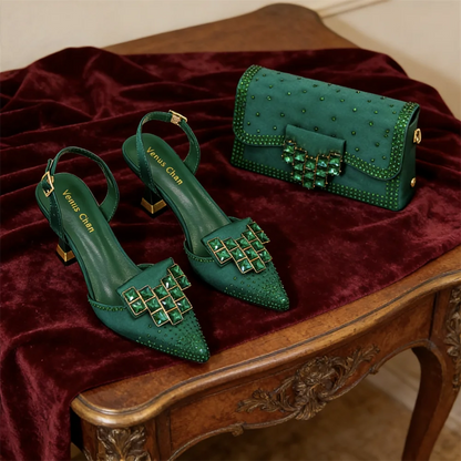 Mineral Blue Rhinestone High Heel Shoes & Matching Bag Fashionable Pointed-Toe Footwear for Women - Perfect for Parties