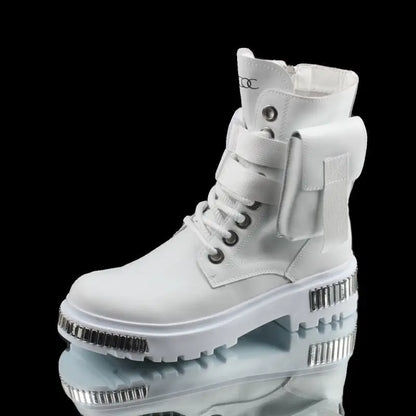 2025 White Men's High-Top Winter Velvet Warm British Medium Motorcycle Thick-Soled Boots