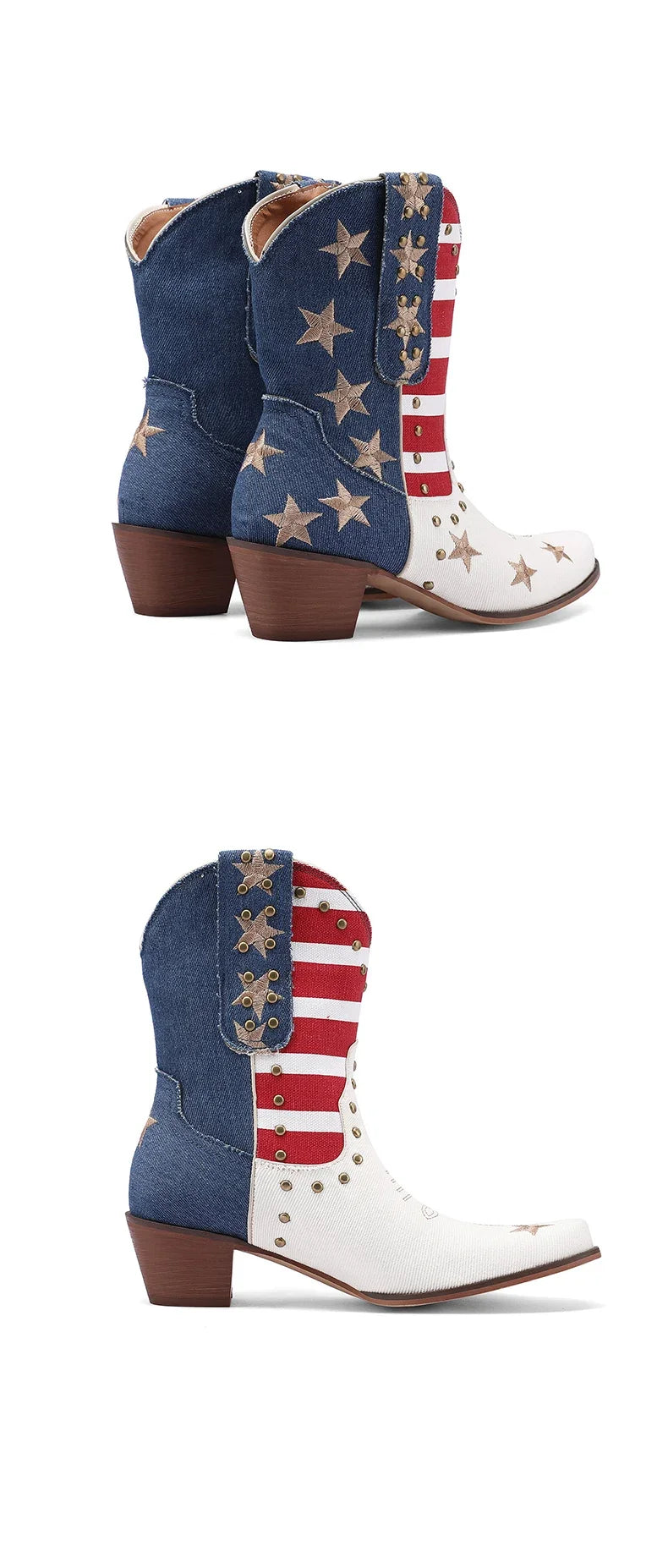 Western Women Cowboy Ankle Boots Denim Embroidery Star Rivet Warped Pointed Toe High Heels American Cowgirl Vintage Short Boots