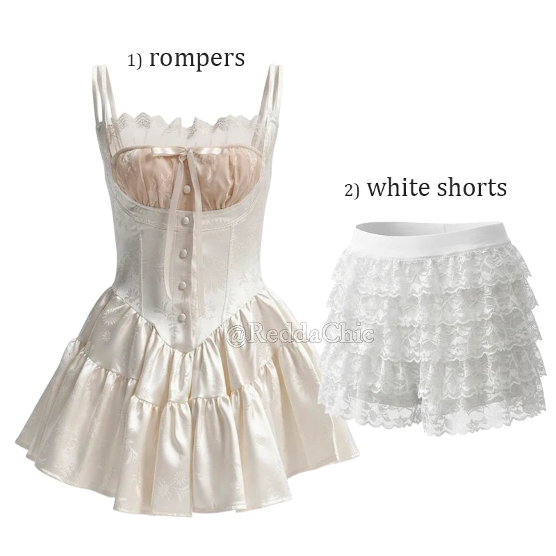 ReddaChic Mini Cami Dress with Built-in Shorts Spaghetti Straps Glossy Floral Women Satin Rompers One Piece Puffy Pants Party
