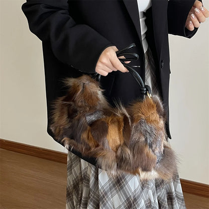 Winter Warm Fox Fur Shoulder Hobo Bags For Women Latest Luxury Designer Purses And Handbags Elegant Evening Bag For Dinner Party