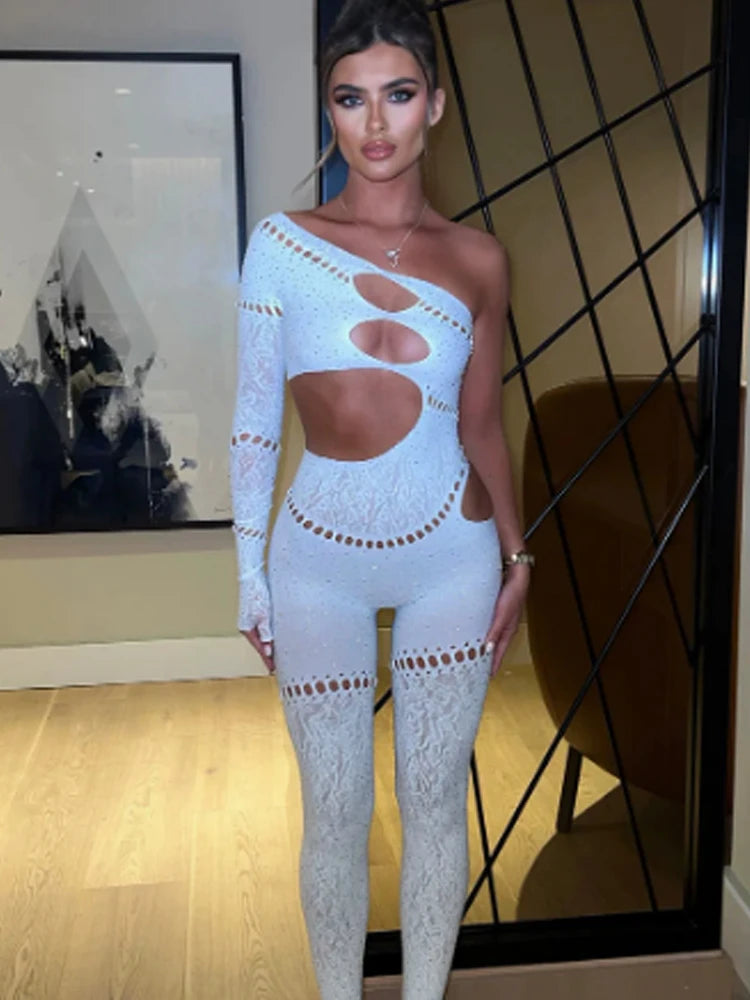 Whatiwear Rhinestones Patchwork Jumpsuit Women Sexy Hollow Skew Collar Single Sleeve Hottie Midnight Club Party Coquett Overalls