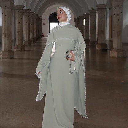 White Pearl Trim Cape Maxi Dress Women Elegant Long Sleeve Cinched Waist Muslim Robes 2026 Spring EID Abaya Lady Dresses